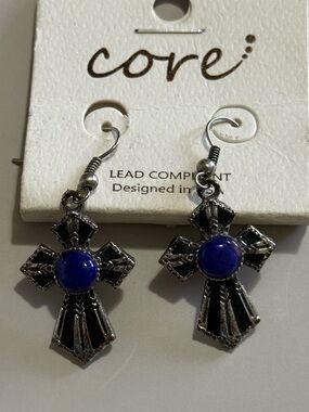 New Core Cross Dangle Earrings with Deep Blue Stone